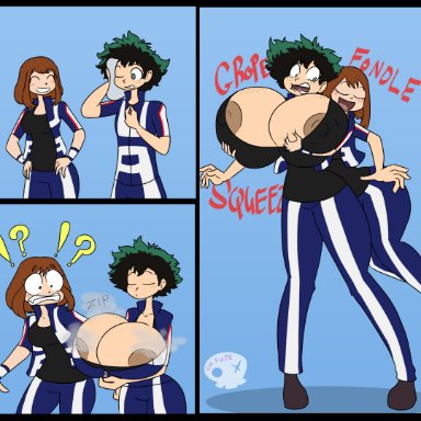 my hero academia, female deku, izuku midoriya, ochako uraraka, da-fuze, 2girls, breast expansion, gender transformation, genderswap (mtf), huge ass, huge breasts, mtf transformation, nipples, thick thighs, thigh expansion