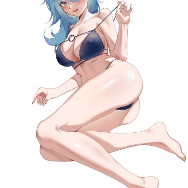 genshin impact, eula (genshin impact), :d, ass, bare arms, bare legs, bare shoulders, barefoot, bikini, black hairband, blue bikini, blue eyes, blue hair, blush, breasts