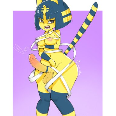 animal crossing, ankha, minami-tan, 1futa, angry, anthro, areolae, balls, big balls, big breasts, big penis, breasts, domestic cat, erection, feline