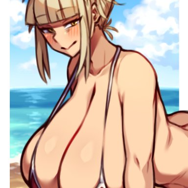 my hero academia, himiko toga, coffeelove68, 1girls, beach, big breasts, bikini, blonde hair, blush, breasts, cleavage, large breasts, looking at viewer, nipple bulge, outdoors