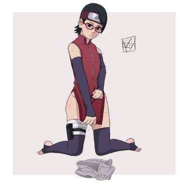 boruto: naruto next generations, naruto, naruto (series), shounen jump, sarada uchiha, aldwelter, 1girls, arm warmers, armwear, bandage, bandaged leg, black eyes, black hair, black legwear, blush