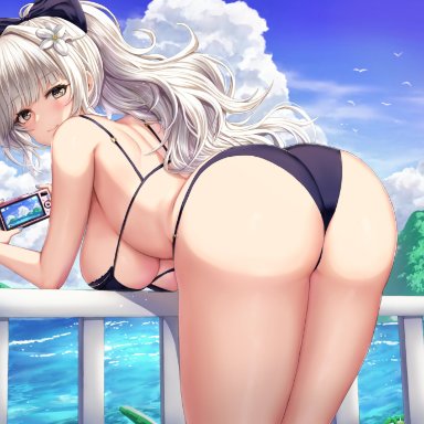 azur lane, vittorio veneto (azur lane), buran (22x), 1girls, ass, back, bangs, bare arms, bare shoulders, bent over, bikini, bird, black bikini, black swimsuit, blunt bangs