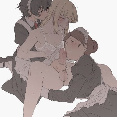 original, futanari-sama (mdf an), hair bun maid (mdf an), short hair maid (mdf an), mdf an, 1futa, 2girls, balls, bangs, black dress, black hair, blonde hair, blunt bangs, blush, bottomless