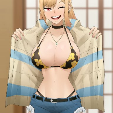 sono bisque doll wa koi wo suru, kitagawa marin, flytrapxx, 1girls, bikini, black bikini, booty shorts, breasts, female, flower pattern, hips, huge breasts, indoors, jean shorts, looking at viewer