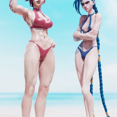 arcane, league of legends, riot games, arcane jinx, arcane vi, jinx (league of legends), vi, iidssm sfm, 2girls, abs, athletic female, bare arms, bare legs, bare midriff, bare shoulders