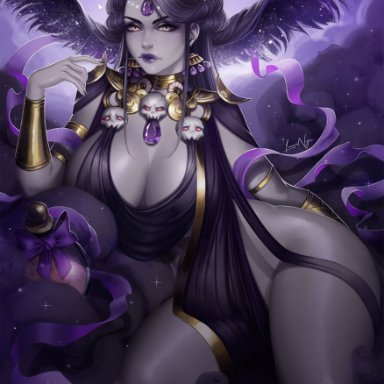 hades (game), nyx (hades), luminyu, 1girls, breasts, cleavage, clothed, clothing, female, female only, large breasts, looking at viewer, purple hair, purple skin, sitting