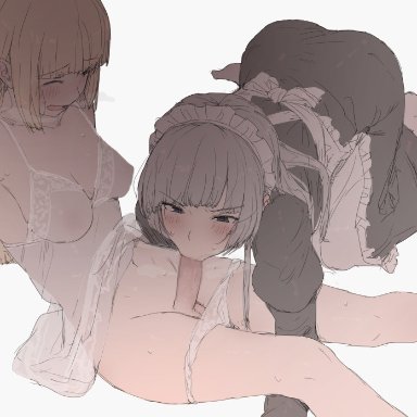 original, futanari-sama (mdf an), grey hair maid (mdf an), mdf an, 1futa, 1girls, all fours, balls, bangs, blonde hair, blunt bangs, breasts, closed mouth, clothed, clothing