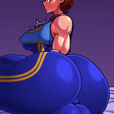 capcom, street fighter, chun-li, cuchuflin, 1futa, ass, ass focus, ass up, back view, backsack, balls, big balls, breasts, brown hair, clothed