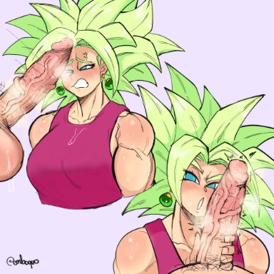 dragon ball, dragon ball super, kefla, embo, 1boy, 1girls, anger vein, angry, blush, clothed female, clothed female nude male, cock, ear piercing, earrings, female