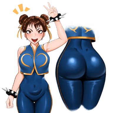 street fighter, street fighter v, chun-li, kevbot, 1girls, ass, ass focus, belly, blush, blush lines, bodysuit, breasts, brown eyes, brown hair, covered navel