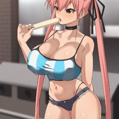 original, nanashi maru, bikini, black panties, breasts, cleavage, crop top, denim, female, large breasts, licking, panties, pink hair, popsicle in mouth, short shorts