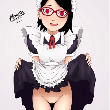 boruto: naruto next generations, naruto, naruto (series), sarada uchiha, aleuz91, apron, blush, clothing, clothing lift, costume, dress, dress lift, female, female only, lifted by self