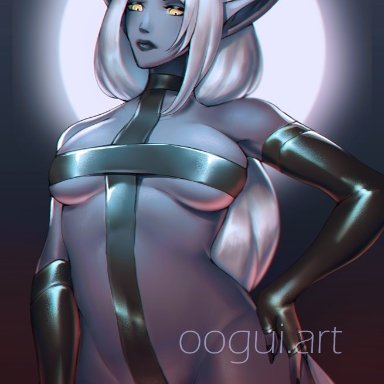 league of legends, soraka, oogui art, athletic female, blue skin, breasts, female, female only, goth, grey lips, hand on hip, latex, latex clothing, latex gloves, latex thighhighs