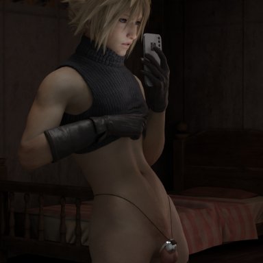 final fantasy, final fantasy vii, final fantasy vii remake, cloud strife, emberstock, 1boy, abs, blonde hair, blue eyes, chastity, chastity cage, chastity device, cock cage, femboy, girly