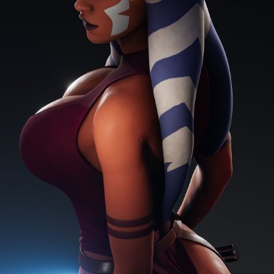 star wars, ahsoka tano, togruta, pyro (artist), alien girl, back view, big breasts, female, female only, lightsaber, solo female, 3d