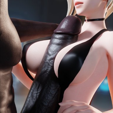 overwatch, mercy, blackedr34, 1boy, 1girls, big breasts, big penis, blonde hair, blue eyes, breasts, dark-skinned male, female, half-dressed, huge cock, indoors