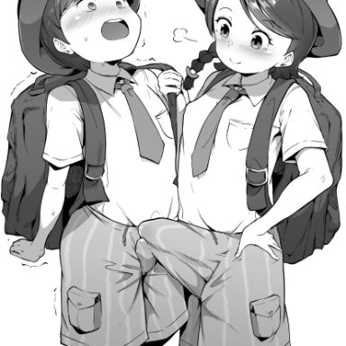 pokemon, pokemon sv, female protagonist (pokemon sv), male protagonist (pokemon sv), makin tama, 1boy, 1futa, backpack, blush, bookbag, bulge, clothed, clothing, cock shock, fully clothed