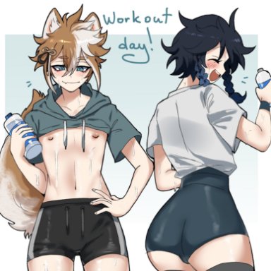 genshin impact, gorou (genshin impact), venti (genshin impact), dimansfw, 2boys, animal ears, ass, bike shorts, femboy, fox ears, fox tail, girly, male only, sweat, sweaty