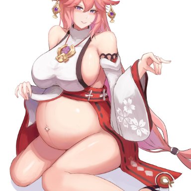 genshin impact, yae (genshin impact), yae miko (genshin impact), botsu, 1girls, big breasts, breasts, female, female only, huge belly, large breasts, pregnant, ready to pop, solo