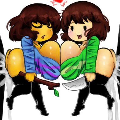 undertale, chara, frisk, whitewo1f, big ass, big breasts, big penis, blush, cum, cum explosion, excessive cum, heart, knife, looking pleasured, moaning