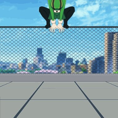 my hero academia, tsuyu asui, l-a-v, areolae, ass, back, breasts, cleft of venus, curvy, female, from behind, green eyes, green hair, huge ass, jumping