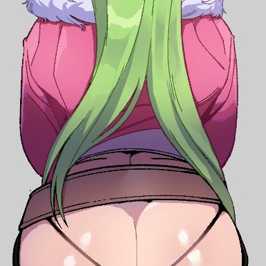 linnaea (silviathepony), skulloven, thiccwithaq, 1girls, ass, ass cleavage, butt crack, cap, elf, female, female only, fur jacket, green hair, grey background, jacket