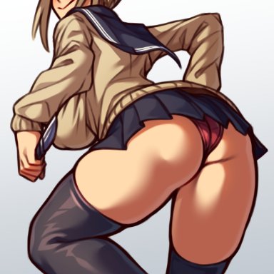 my hero academia, himiko toga, coffeelove68, 1girls, ass, blonde hair, blush, knife, looking at viewer, looking back, nipple bulge, panties, shoes, short hair, simple background