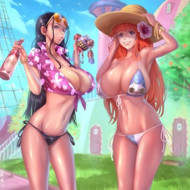 one piece, nami, nico robin, maiden satania, tomoe draws, 2girls, action figure, bikini, black hair, blue eyes, boat, bottle, breasts, cleavage, eyewear on head