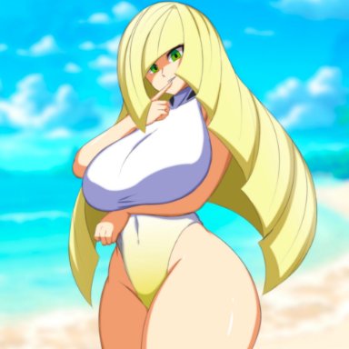 pokemon, pokemon sm, lusamine (pokemon), darwaarts, 1girls, beach, big breasts, blonde hair, breasts, female, female only, finger on lip, green eyes, large breasts, long hair