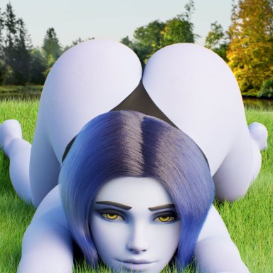 blizzard entertainment, overwatch, widowmaker, breadcrumb, ass up, big ass, female, female only, grass, solo female, thick thighs, thong, trees, 3d