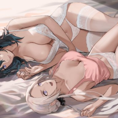 fire emblem, fire emblem: three houses, nintendo, byleth (fire emblem), byleth (fire emblem) (female), edelgard von hresvelg, 2girls, babydoll, bangs, bare legs, bare shoulders, belly, blue eyes, blue hair, breasts