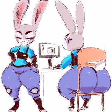 disney, zootopia, judy hopps, kiseff, anthro, ass, big ass, computer, female, fur, huge ass, police uniform, rabbit, thick thighs, wide hips