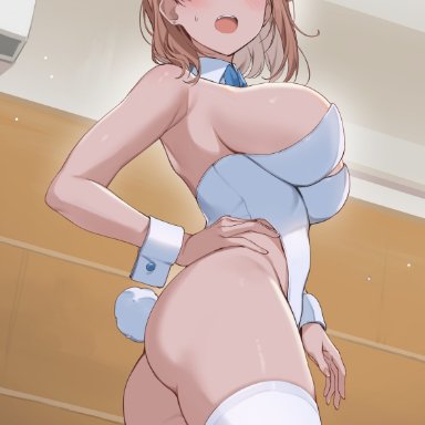 original, original character, icomochi, angry, ass, bunny ears, bunnysuit, dat ass, female, huge breasts, indoor, open mouth, short hair, thong, thong leotard