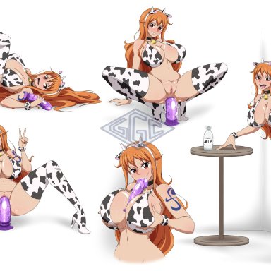 one piece, nami, ggc, anal, anal masturbation, anal object insertion, big breasts, bovine, cosplay, cow ears, cow horns, cow print, dildo, dildo in ass, dildo in pussy
