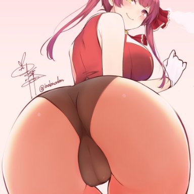 hololive, houshou marine, ass, ass focus, big ass, big breasts, black panties, blush, breasts, cameltoe, closed mouth, female, from below, gloves, heterochromia