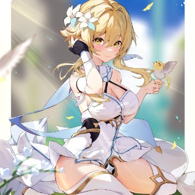 genshin impact, lumine (genshin impact), big breasts, bird, blaname, cute, feathers, flower, flower in hair, gloves, short hair, smiling, thick thighs, thigh boots, yellow eyes