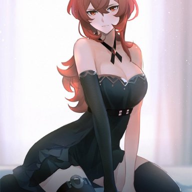 genshin impact, diluc (genshin impact), big breasts, genderswap, genderswap (mtf), lingerie, looking at viewer, on bed, posing, red eyes, red hair, safe for work, rule 63