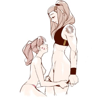 overwatch, brigitte, d.va, 2girls, assisted undressing, blush, bottomless, bottomless female, breasts, brown hair, female, female only, kneeling, long hair, looking at partner