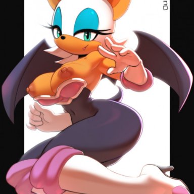 sega, sonic (series), sonic the hedgehog (archie), sonic the hedgehog (comics), rouge the bat, oughta, anthro, areola, areolae, ass, big breasts, black border, black nose, blue eyeshadow, breasts