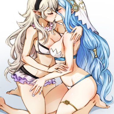 fire emblem, fire emblem fates, fire emblem heroes, nintendo, azura (fire emblem), corrin (fire emblem), corrin (fire emblem) (female), minacream, 2girls, alternate costume, back, bare back, bare legs, bare thighs, barefoot