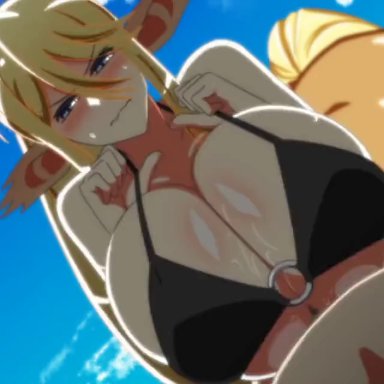 monster musume no iru nichijou, centorea shianus, imaani, 1boy, 1boy1girl, 1girl, 1girls, beach, bikini top, blonde hair, blue eyes, blush, blushing, boobjob, centaur