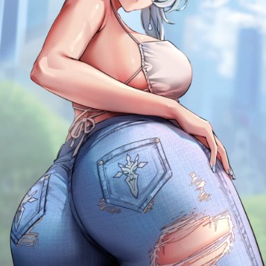 genshin impact, eula (genshin impact), foxyrain, foxyreine, 1girls, ass, ass focus, ass shot, asymmetrical hair, back, big ass, big breasts, bikini top, blue hair, blurry background