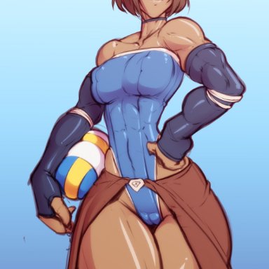 avatar the last airbender, the legend of korra, korra, svenners, 1girls, ball, bare shoulders, blue eyes, breasts, brown hair, cameltoe, choker, covered nipples, dark-skinned female, dark skin