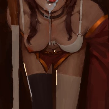 megumin, velikkij, 1girl, bent over, bra, brown hair, choker, cum, cum in mouth, cum on lips, female, licking lips, lipstick, long hair, one breast out