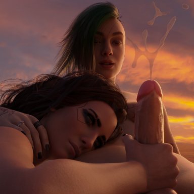 cyberpunk 2077, judy alvarez, v (cyberpunk 2077), holopointz, 1futa, 1girls, balls, breasts, brown hair, dickgirl, female, female on futa, futanari, green hair, hand on penis