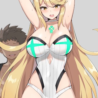 nintendo, xenoblade (series), xenoblade chronicles 2, mythra, rex (xenoblade), serin199, 1boy, 1girls, armpits, arms behind head, arms up, ass visible through thighs, bare arms, bare shoulders, blonde hair