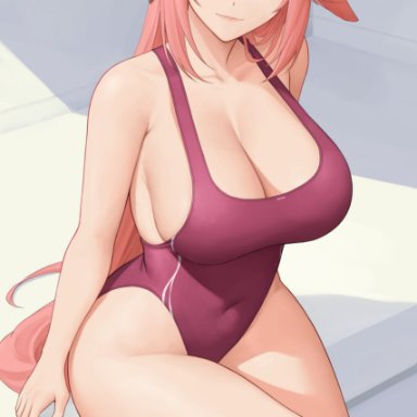 genshin impact, yae (genshin impact), zaphn, 1girls, belly button, breasts, cleavage, competition swimsuit, ear piercing, female, female only, fox ears, fox girl, highleg swimsuit, hips