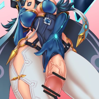 genshin impact, mirror maiden, kyder, 1futa, big breasts, big penis, black lipstick, blue clothing, bottom view, breasts, clothed, clothing, covered eyes, curvy, curvy female