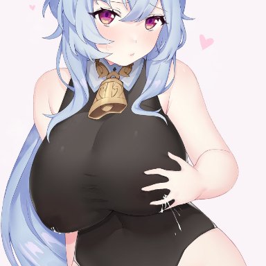 genshin impact, ganyu (genshin impact), mika (lovdere), 1girls, blue hair, blush, breast grab, breasts, cowbell, heart, horn, huge breasts, lactation, leotard, long hair