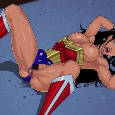 dc comics, dcau, justice league unlimited, something unlimited, diana prince, wonder woman, sunsetriders7, after sex, areolae, boots, bracers, breasts, breasts out, bush, exhausted